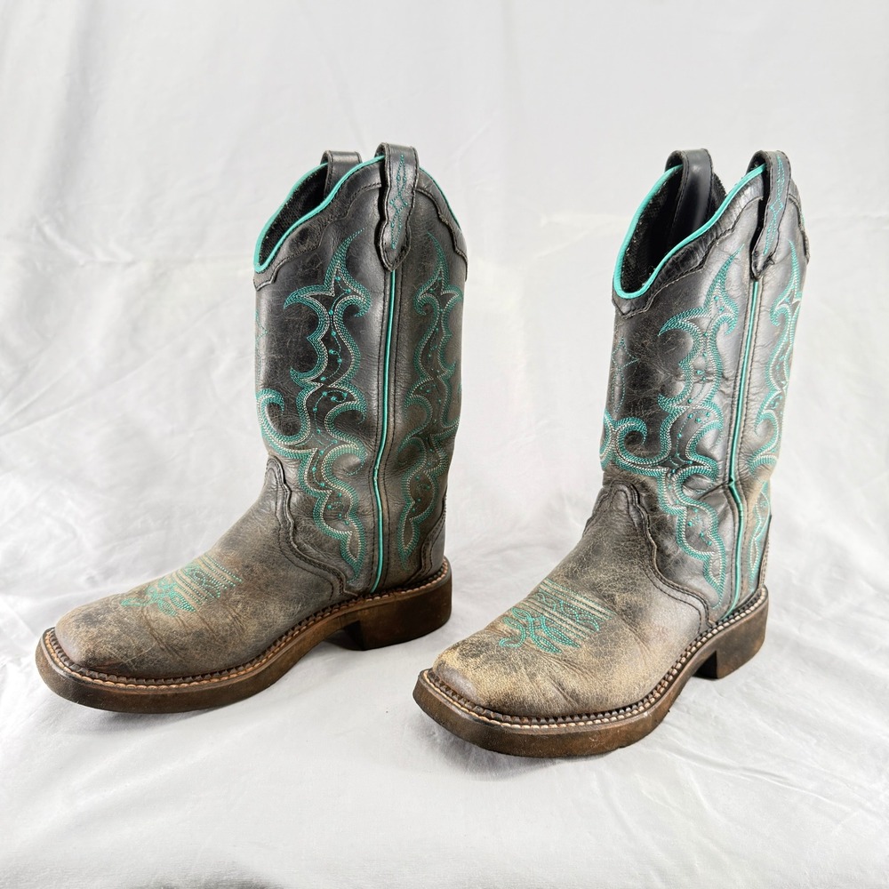 Justin Gypsy L2902 Womens 6B Western Boots Brown Black Teal Square Toe Cowgirl - Picture 2 of 7